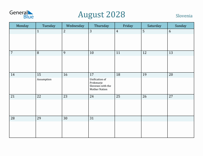 August 2028 Calendar with Holidays