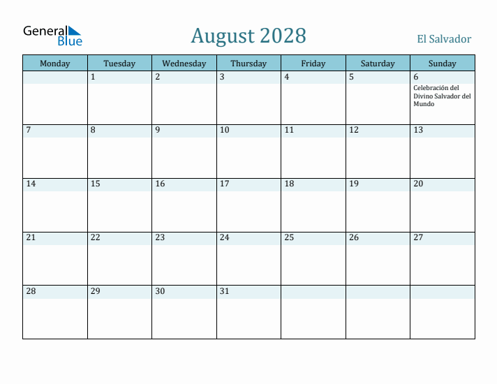 August 2028 Calendar with Holidays