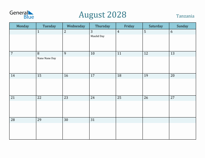 August 2028 Calendar with Holidays