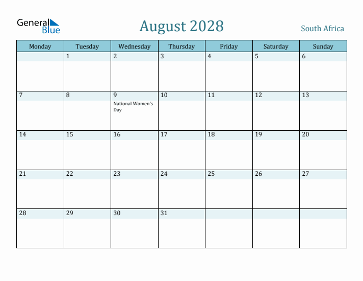 August 2028 Calendar with Holidays