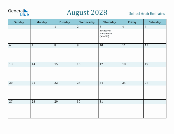 August 2028 Calendar with Holidays