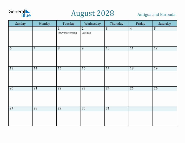 August 2028 Calendar with Holidays