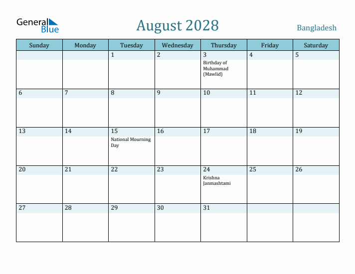 August 2028 Calendar with Holidays