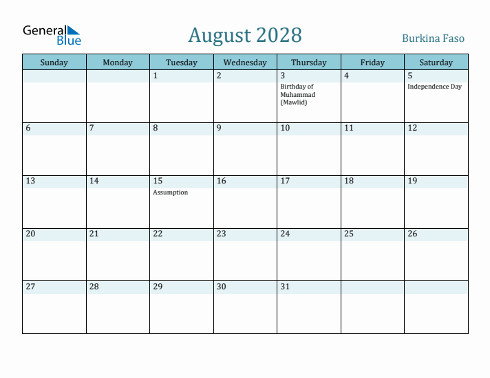 August 2028 Calendar with Holidays