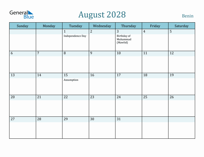 August 2028 Calendar with Holidays