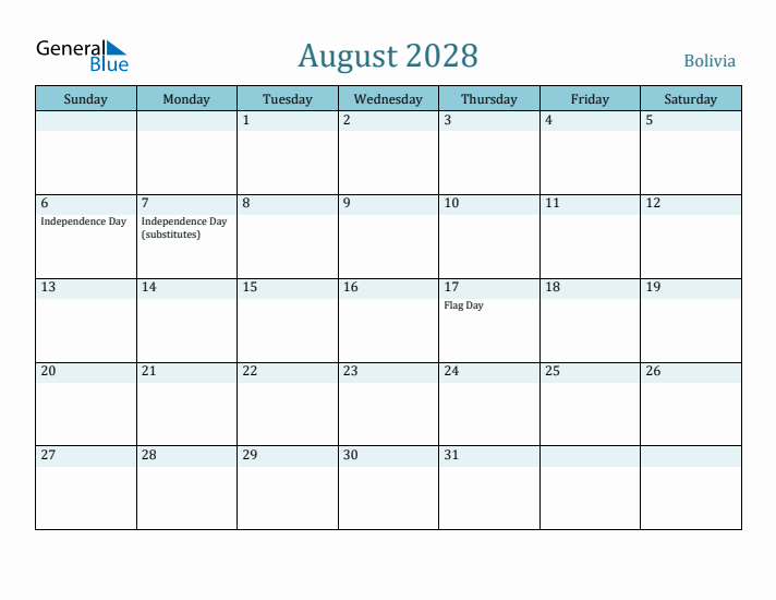 August 2028 Calendar with Holidays