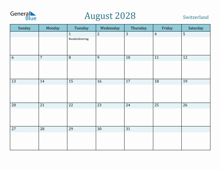 August 2028 Calendar with Holidays