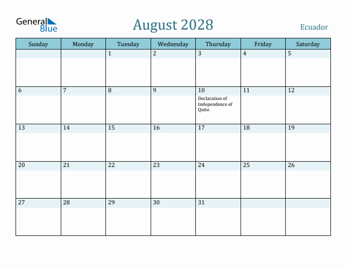 August 2028 Calendar with Holidays