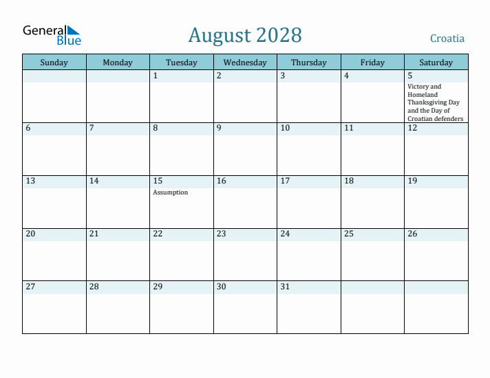 August 2028 Calendar with Holidays