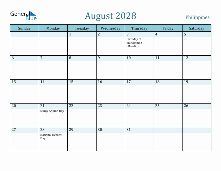 August 2028 Calendar with Holidays