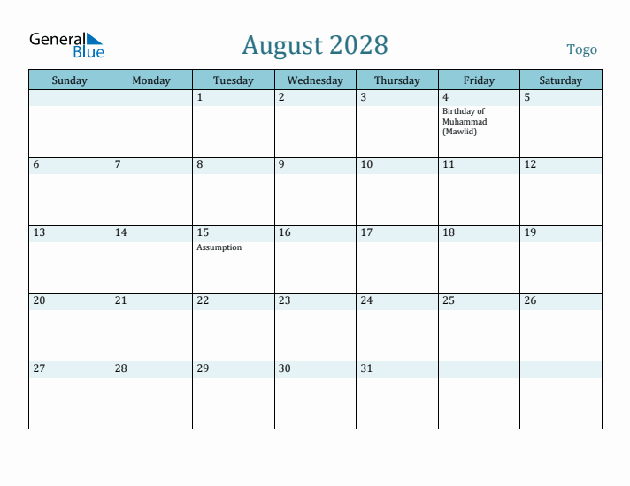 August 2028 Calendar with Holidays