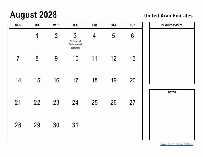 August 2028 Printable Monthly Calendar with United Arab Emirates Holidays