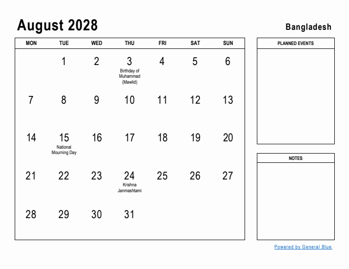 August 2028 Printable Monthly Calendar with Bangladesh Holidays