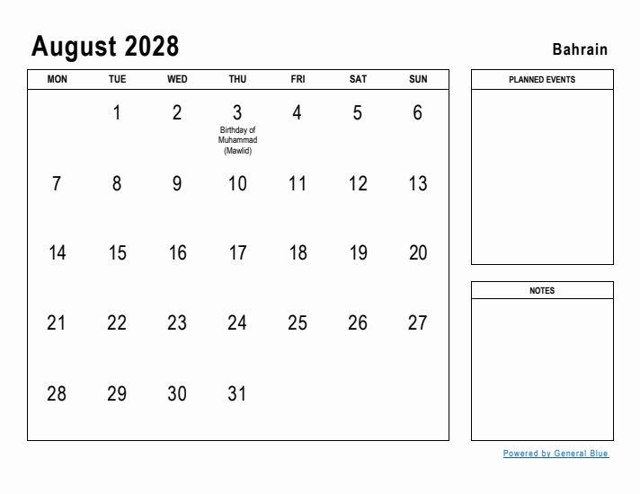 August 2028 Printable Monthly Calendar with Bahrain Holidays