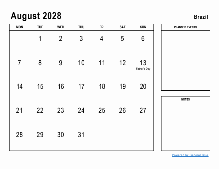 August 2028 Printable Monthly Calendar with Brazil Holidays