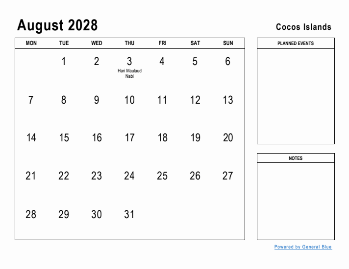 August 2028 Printable Monthly Calendar with Cocos Islands Holidays