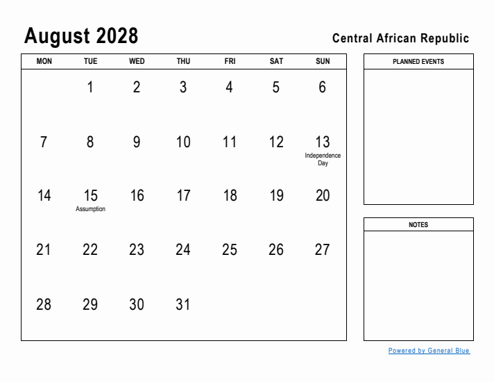 August 2028 Printable Monthly Calendar with Central African Republic Holidays