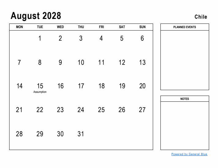 August 2028 Printable Monthly Calendar with Chile Holidays