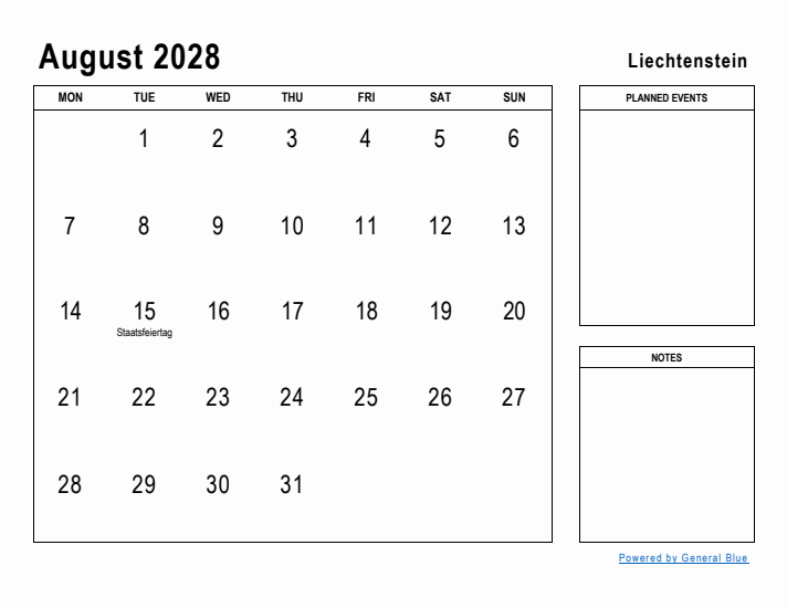 August 2028 Printable Monthly Calendar with Liechtenstein Holidays