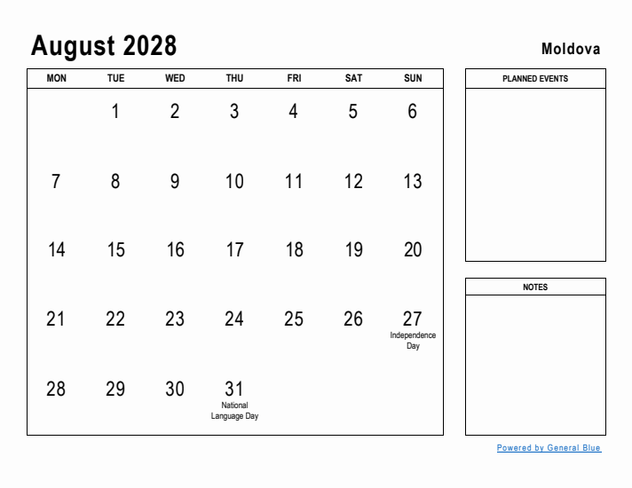 August 2028 Printable Monthly Calendar with Moldova Holidays