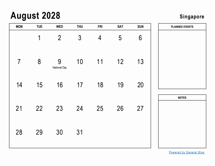 August 2028 Printable Monthly Calendar with Singapore Holidays