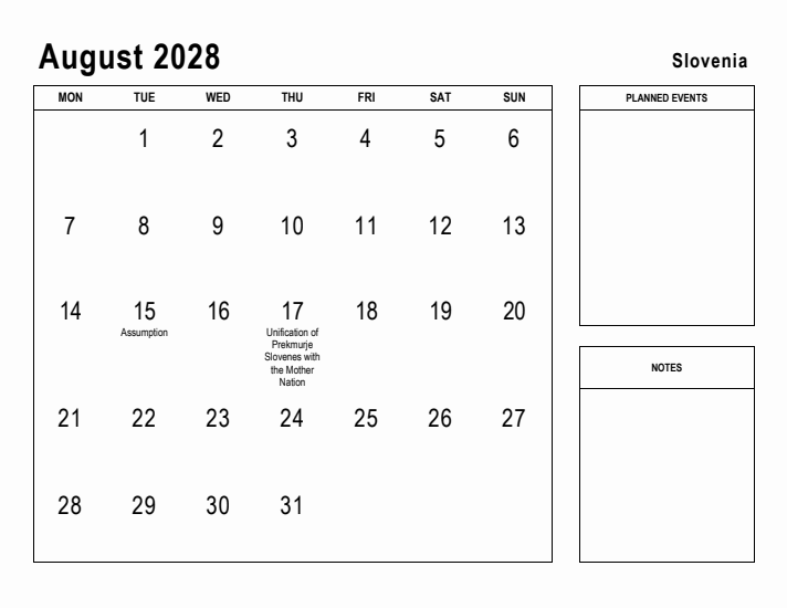 August 2028 Printable Monthly Calendar with Slovenia Holidays