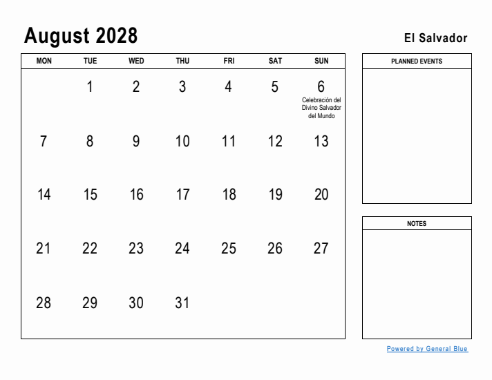 August 2028 Printable Monthly Calendar with El Salvador Holidays