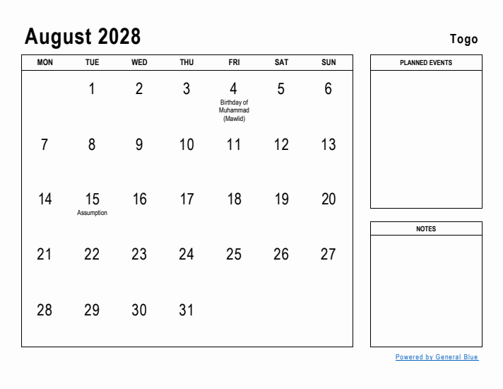 August 2028 Printable Monthly Calendar with Togo Holidays