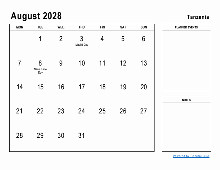 August 2028 Printable Monthly Calendar with Tanzania Holidays