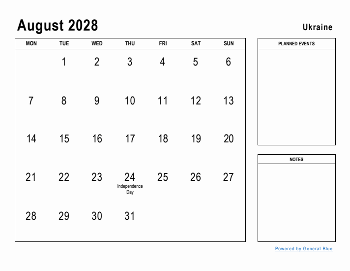 August 2028 Printable Monthly Calendar with Ukraine Holidays