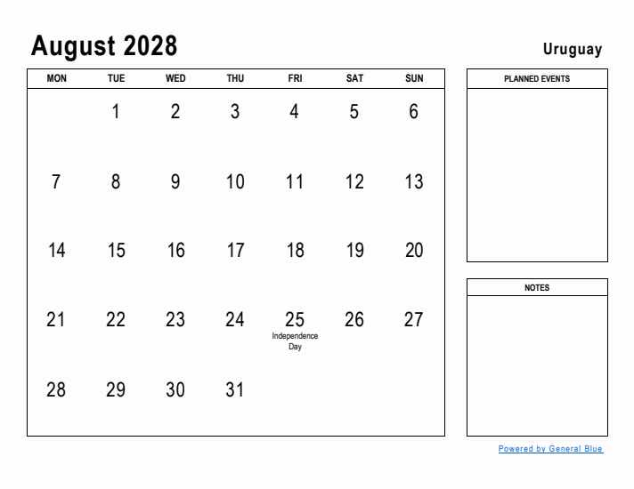 August 2028 Printable Monthly Calendar with Uruguay Holidays