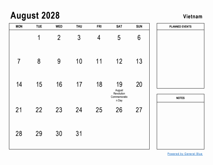 August 2028 Printable Monthly Calendar with Vietnam Holidays