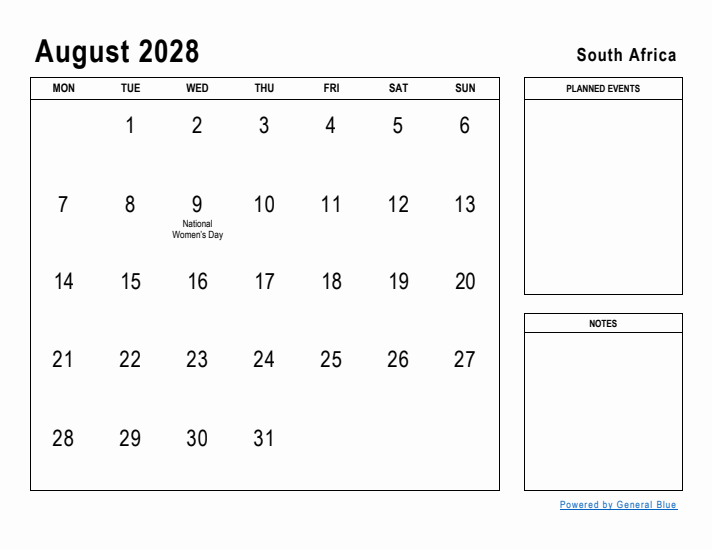 August 2028 Printable Monthly Calendar with South Africa Holidays