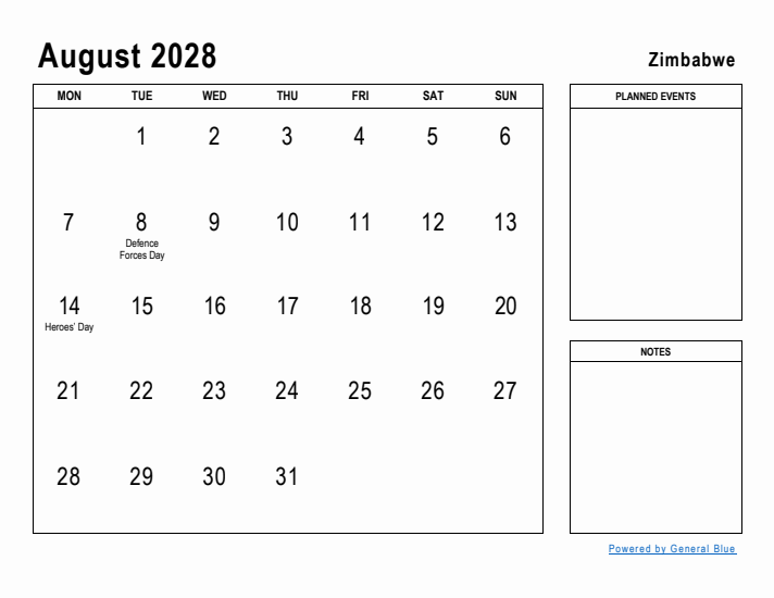 August 2028 Printable Monthly Calendar with Zimbabwe Holidays