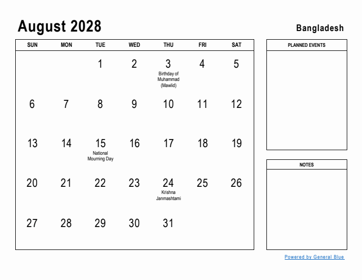 August 2028 Printable Monthly Calendar with Bangladesh Holidays