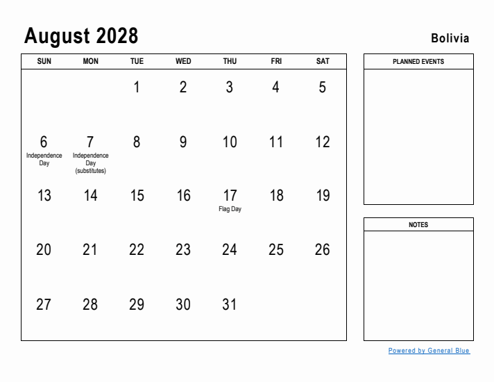 August 2028 Printable Monthly Calendar with Bolivia Holidays