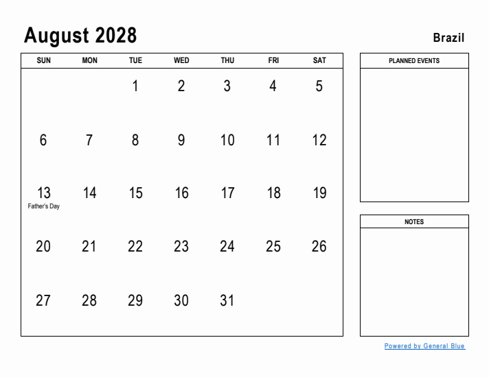 August 2028 Printable Monthly Calendar with Brazil Holidays