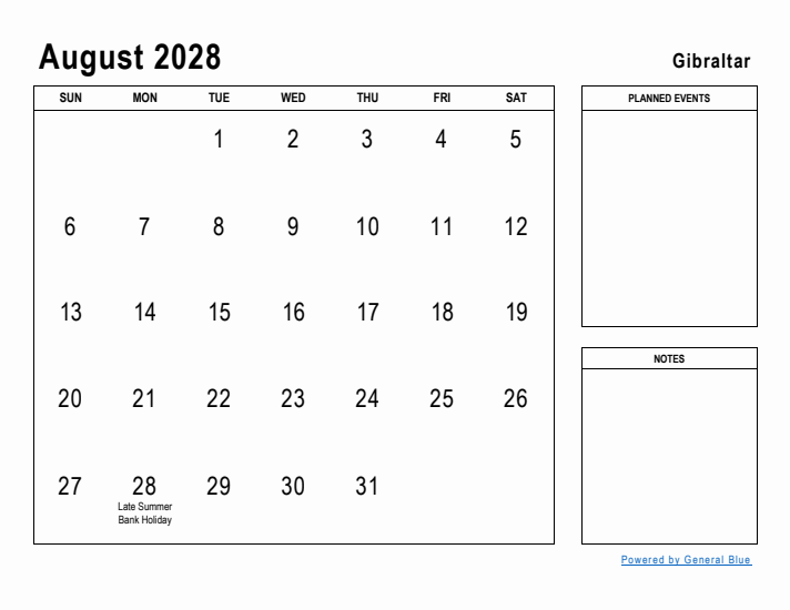 August 2028 Printable Monthly Calendar with Gibraltar Holidays