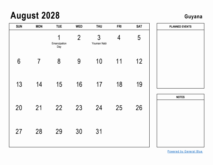 August 2028 Printable Monthly Calendar with Guyana Holidays