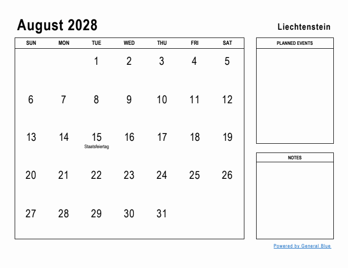 August 2028 Printable Monthly Calendar with Liechtenstein Holidays