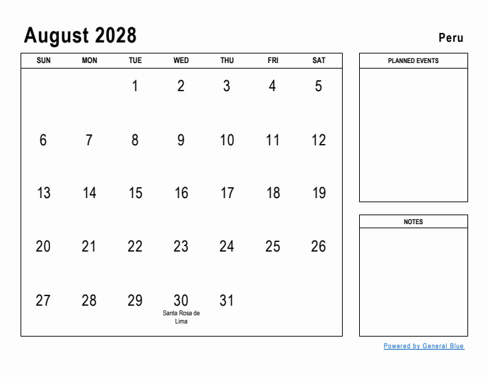 August 2028 Printable Monthly Calendar with Peru Holidays