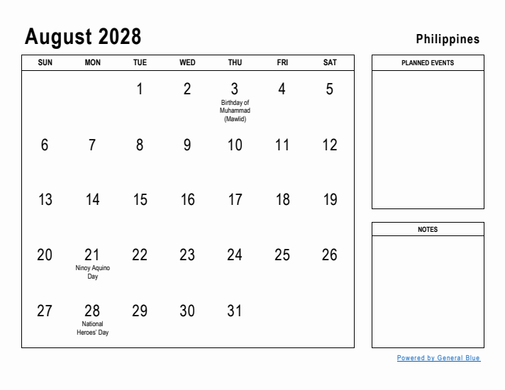 August 2028 Printable Monthly Calendar with Philippines Holidays