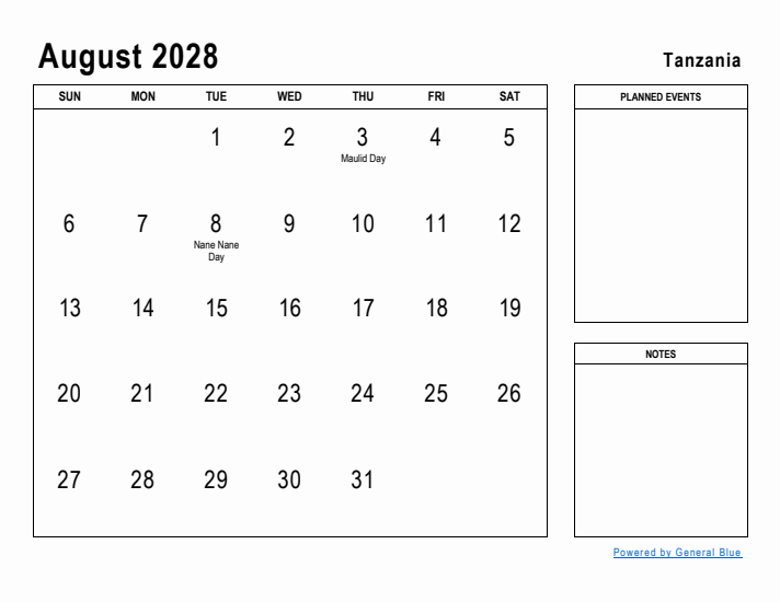 August 2028 Printable Monthly Calendar with Tanzania Holidays