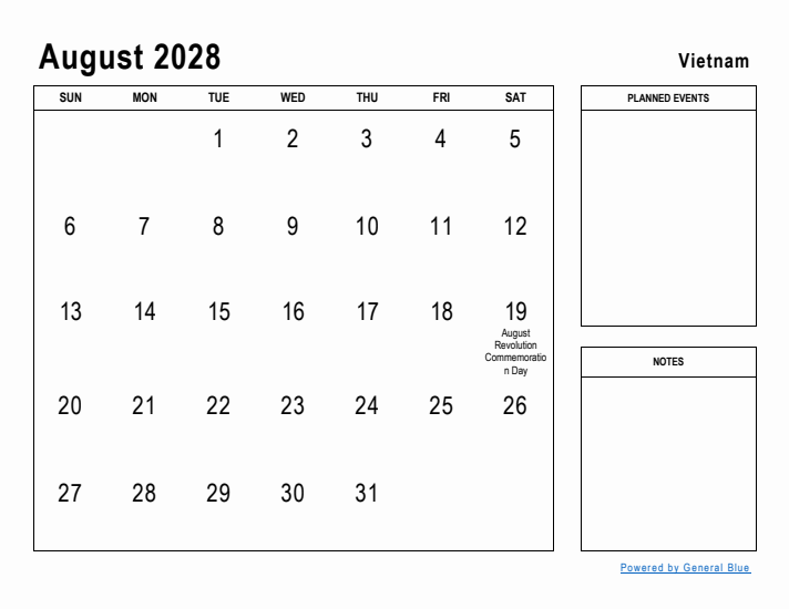 August 2028 Printable Monthly Calendar with Vietnam Holidays