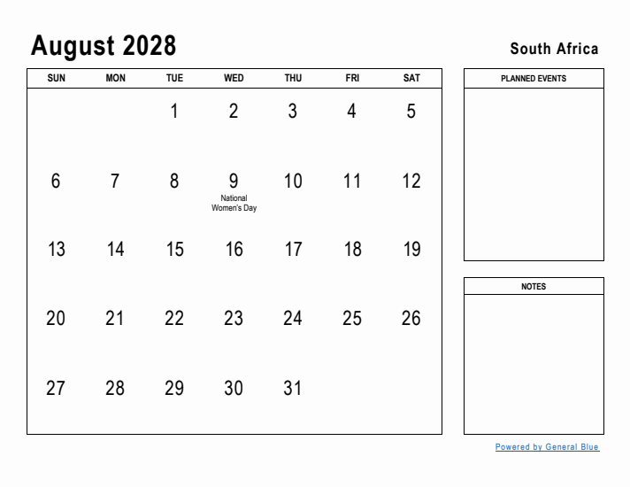 August 2028 Printable Monthly Calendar with South Africa Holidays