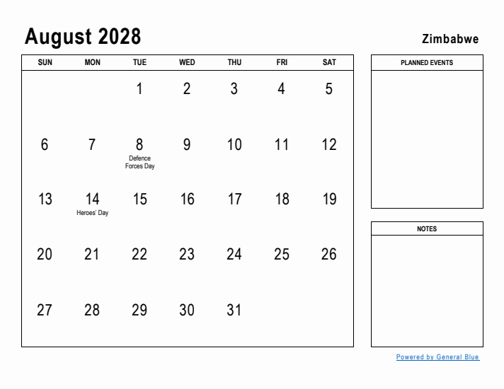 August 2028 Printable Monthly Calendar with Zimbabwe Holidays