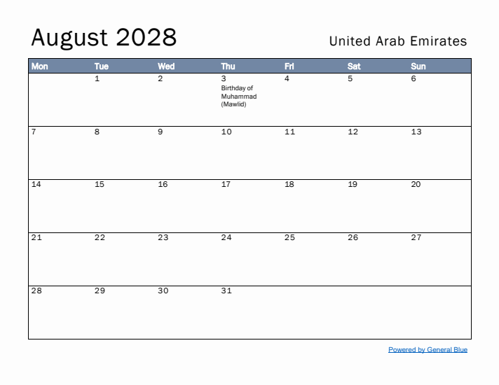 August 2028 Simple Monthly Calendar for United Arab Emirates