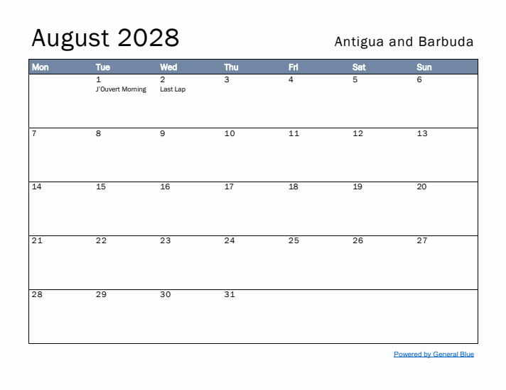 August 2028 Simple Monthly Calendar for Antigua and Barbuda