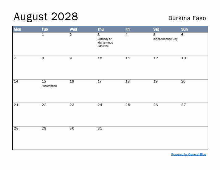 August 2028 Simple Monthly Calendar for Burkina Faso