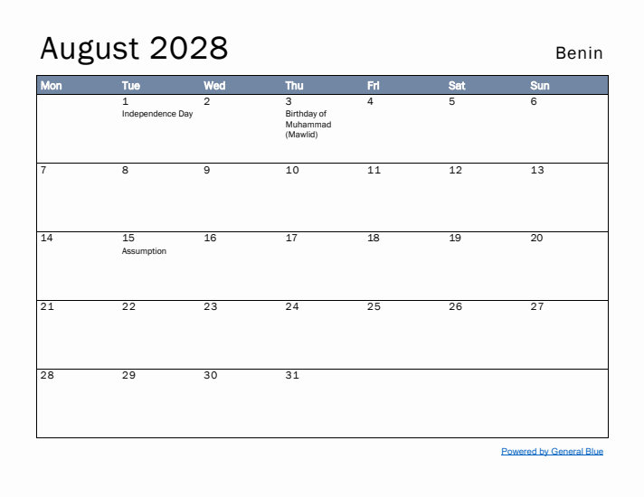 August 2028 Simple Monthly Calendar for Benin